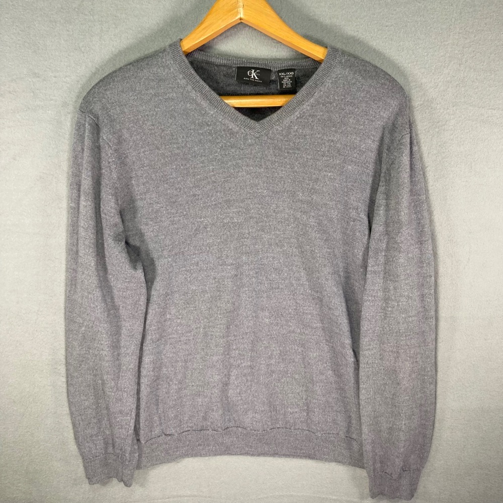 Calvin Klein Mens XXL Merino Wool Sweater Gray V Neck Lightweight‎ Classic